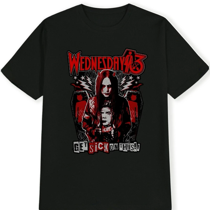 

Men's Gothic Graphic T-Shirt Wednesday 13th Horror Theme with Red Lettering Spooky Character Print Casual Round Neck Tee