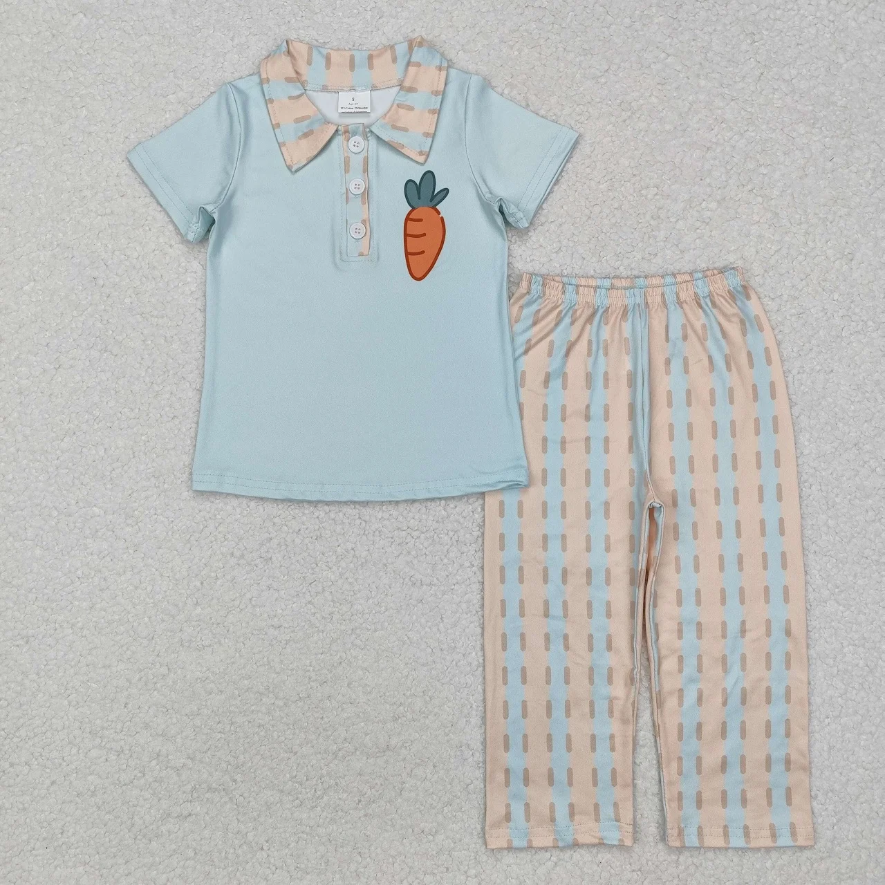 Wholesale Baby Boy Short Sleeves Carrot Buttons Tee T-shirts Stripes Pants Set Kids Infant Outfit Children Easter Clothing