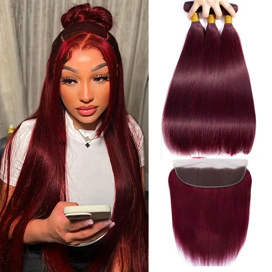 99J Burgundy Straight Human Hair Bundles with Frontal Brazilian Virgin Straight Hair 2/3/4 Bundles Weave with 13×4 Lace Frontal