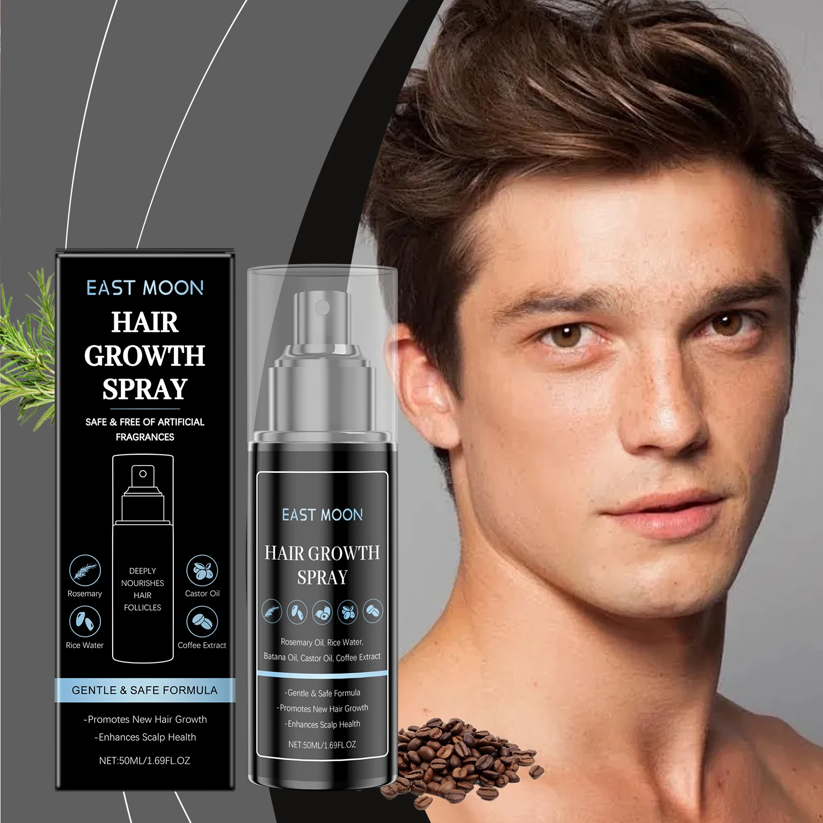 

East Moon 50ml Men's Hair Growth Spray Volumizing Cleanse Scalp Nourish Smooth Anti Hair Loss Brighten Hair Regrowth Care Spray