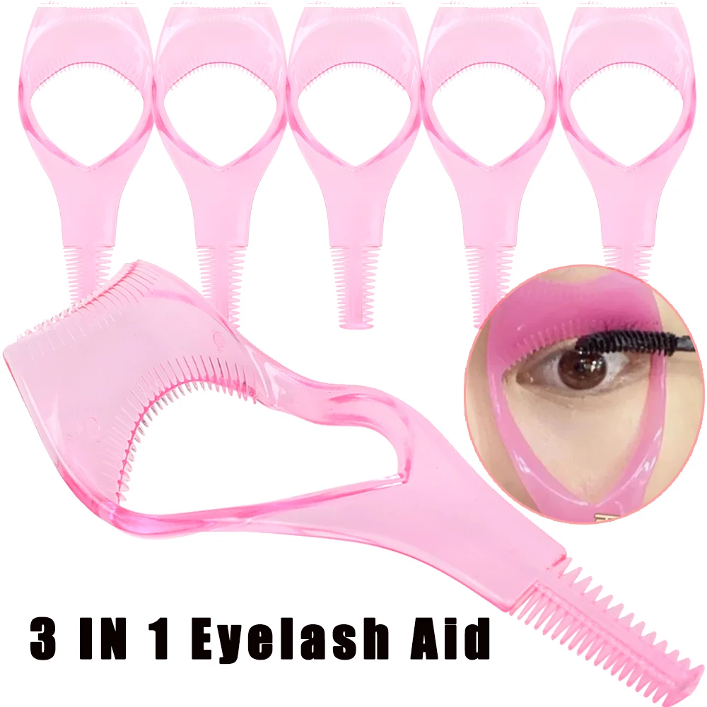 1-10pcs Handy Eyelash Aid 3IN1 Pink Eye Makeup Aid Tool Plastic Mascara Eyeliner Applicator Template with Eyelash Curler Stencil