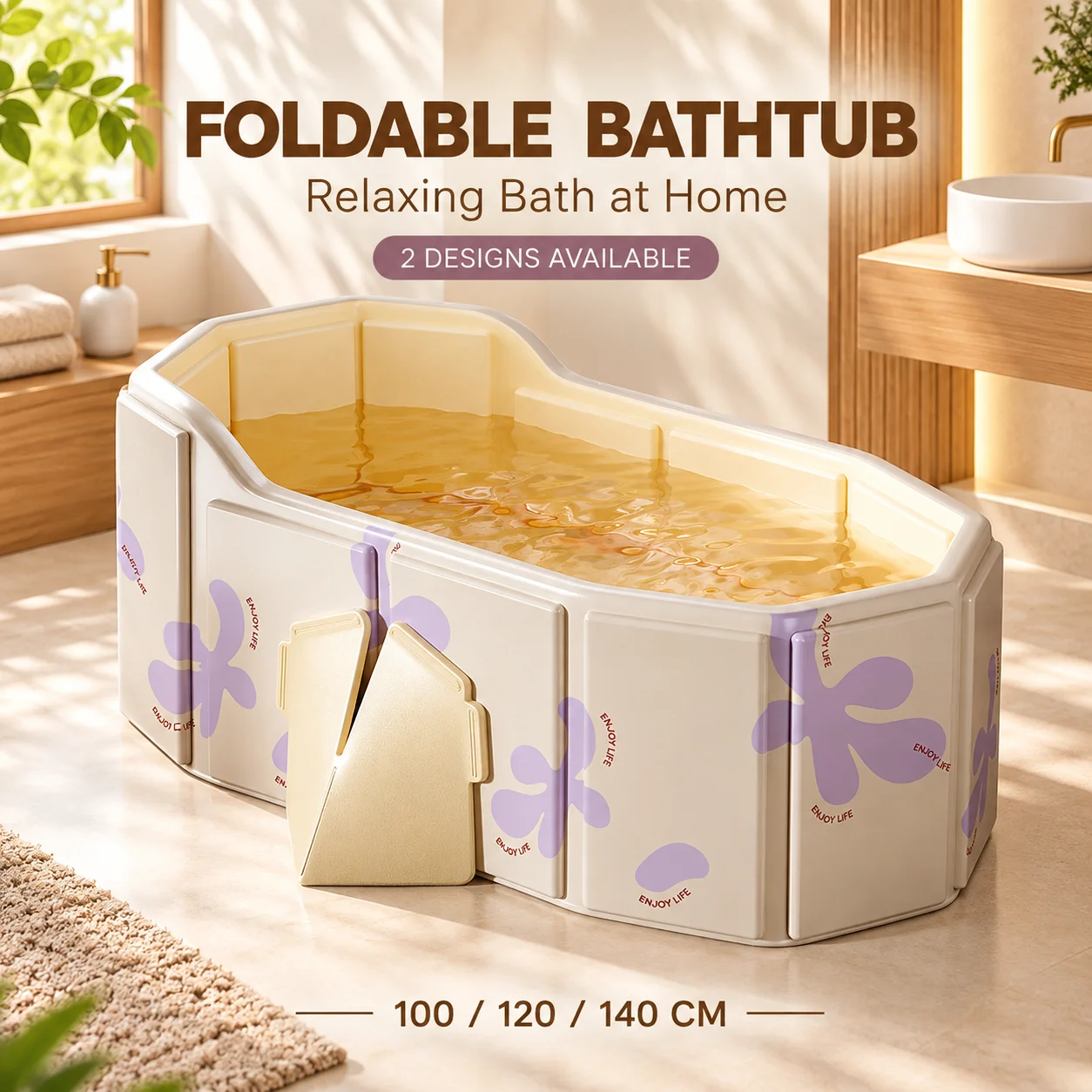 1PC Foldable Bathtub for Adults 100/120/140cm Portable Soaking Tub with Reinforced Panels V-Shaped Support for Home Bathroom