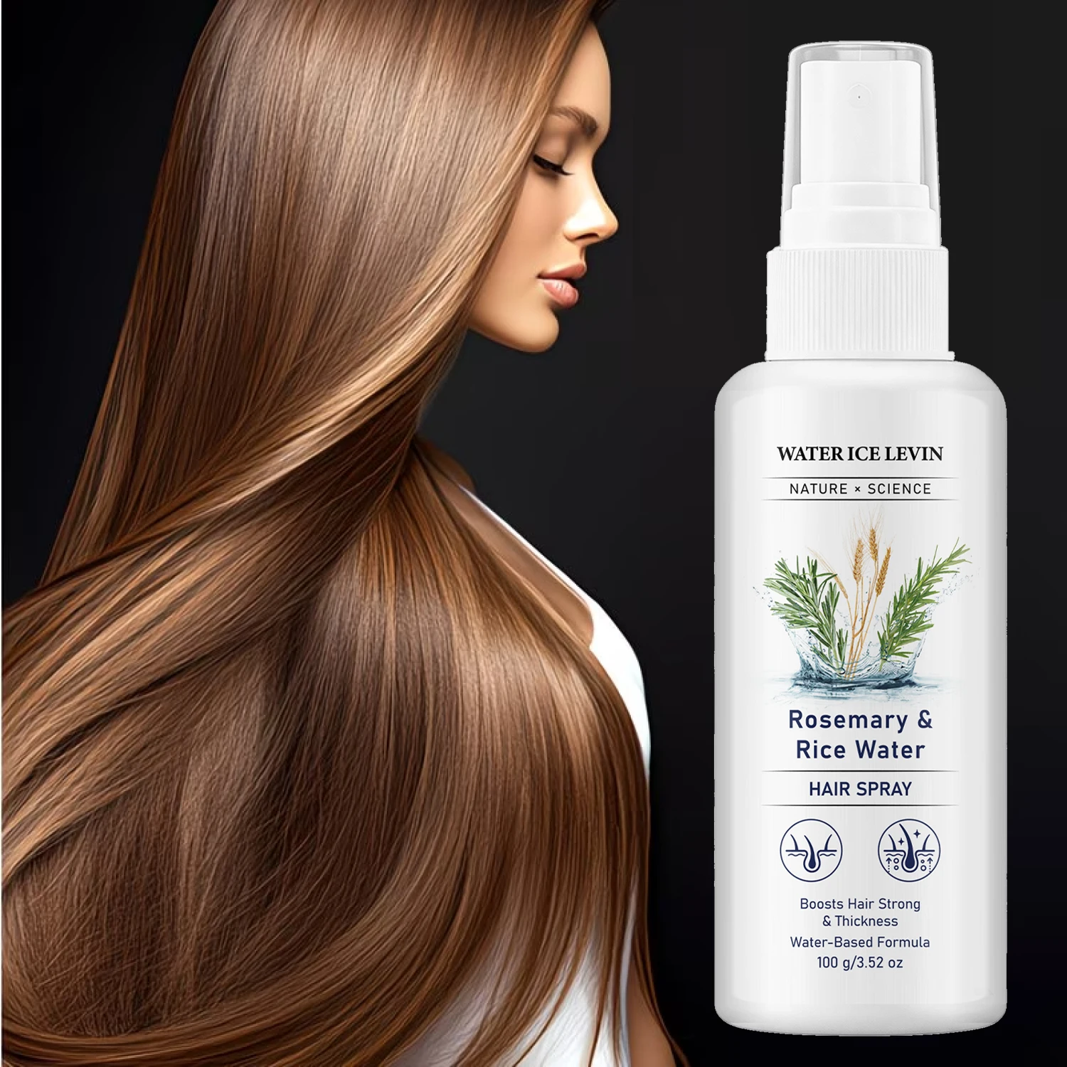 Water Ice Levin Rosemary & Rice Water Hair Spray Water-Based Formula Boost Hair Strong & Thickness Care Spray 100g