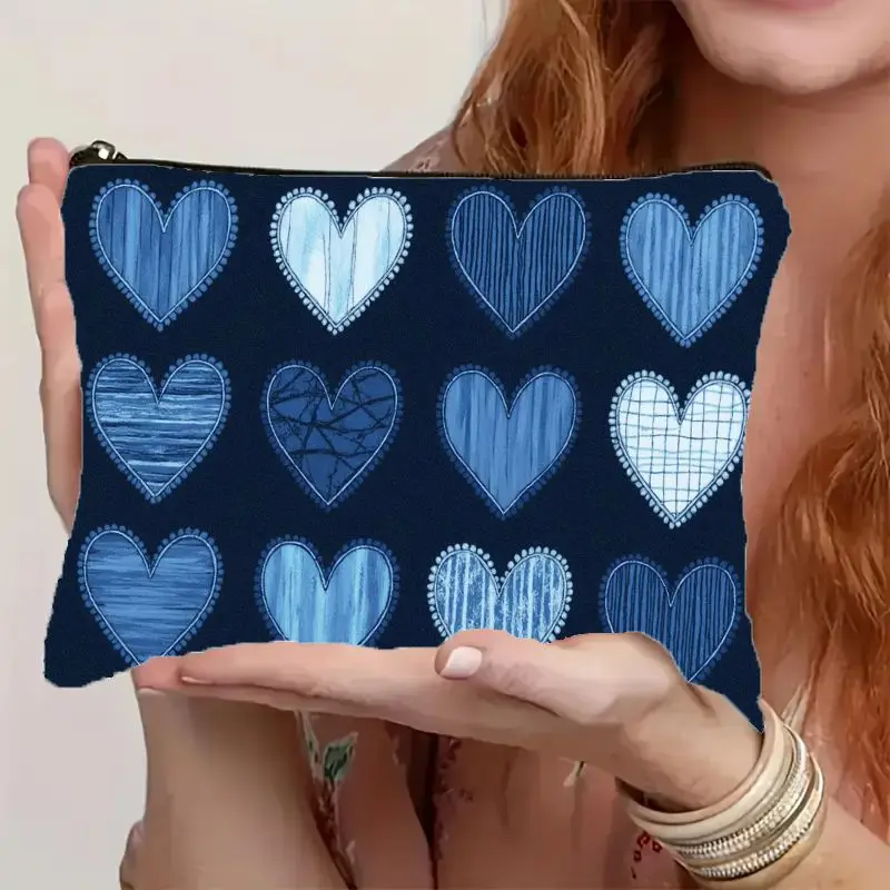 1Pc Blue Heart-Shaped Retro Design Multifunctional Travel Makeup Bag, Snack Storage Bag, Stationery Storage Bag, Fashionable Toiletry Bag, Canvas Double-Sided Printed Zipper Pouch