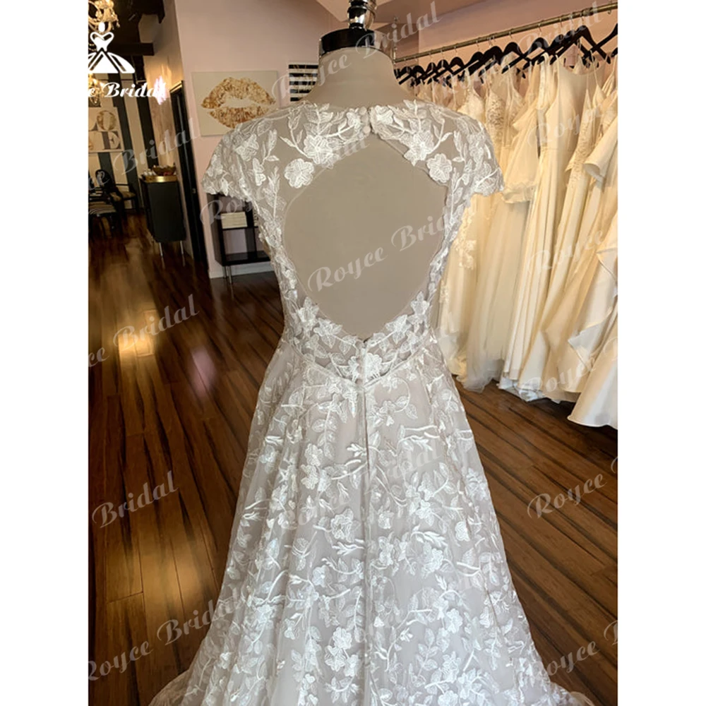 Robe de mariée bohème sexy à col en V pour femmes, manches courtes, pleine dentelle, appliques, ligne A, personnalisée pour les femmes, robe de mariée, robe de balayage, robe éducative