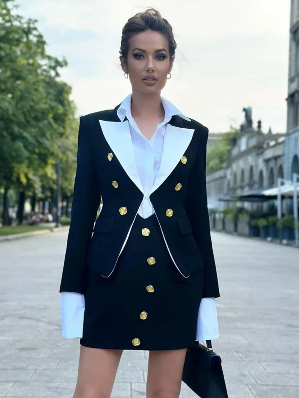Modphy 2026 Nieuwe Mode Gespliced Metalen Rozen Gesp Slim Fit Pak Blazer Halter Hoge Taille Design Minirok Dames Set Outfit - afbeelding 2