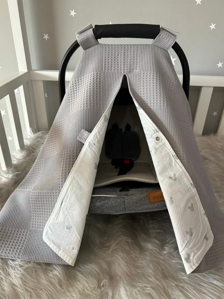 Handmade Gray Waffle Pike and Mickey Pattern Design Stroller Cover