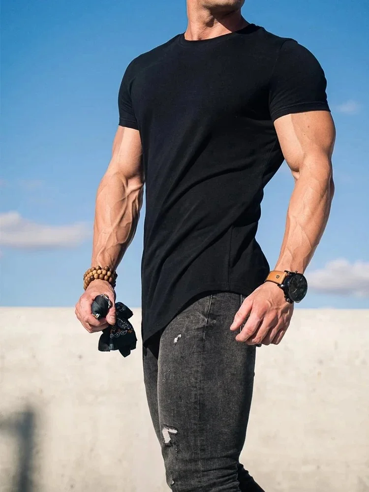 Koszulka fitness mięśni letnia męska Athleisure treningowa koszulka z krótkim rękawem wysokiej jakości bawełniana męska koszulka siłownia koszulka sportowa topy — zdjęcie 2