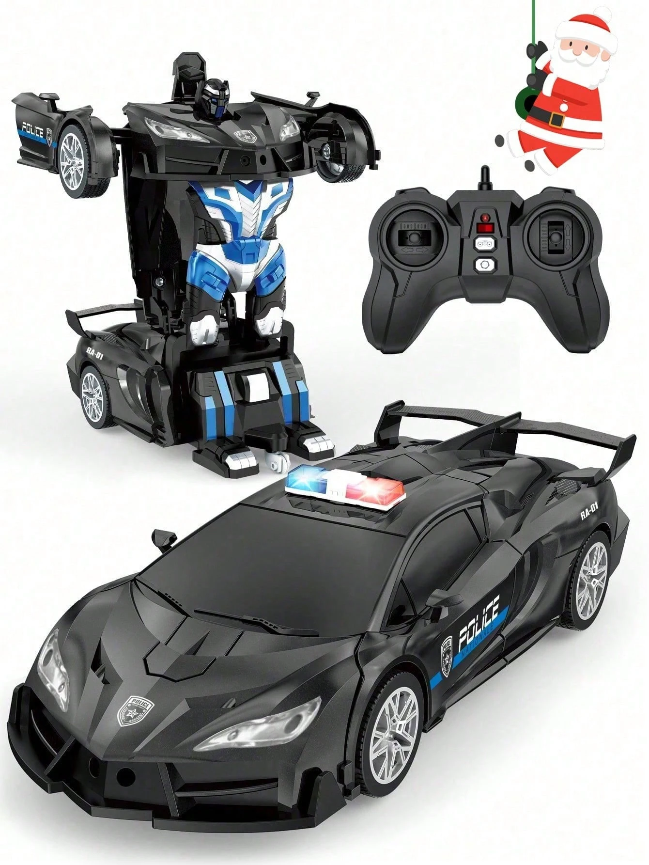 2.4G Remote Control Transforming Police Car Robot Toy With Light, 1:18 RC Deformation PoliceVehicle One Key Transform Robot Car