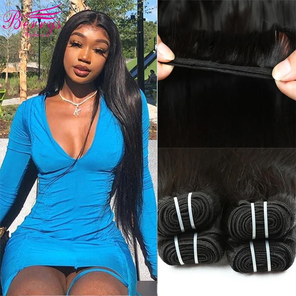 Berrys-extensiones de cabello peruano, mechones de cabello humano liso, tejido, Virgen sin procesar, negro Natural, 1/3/4 piezas, 8-30 pulgadas