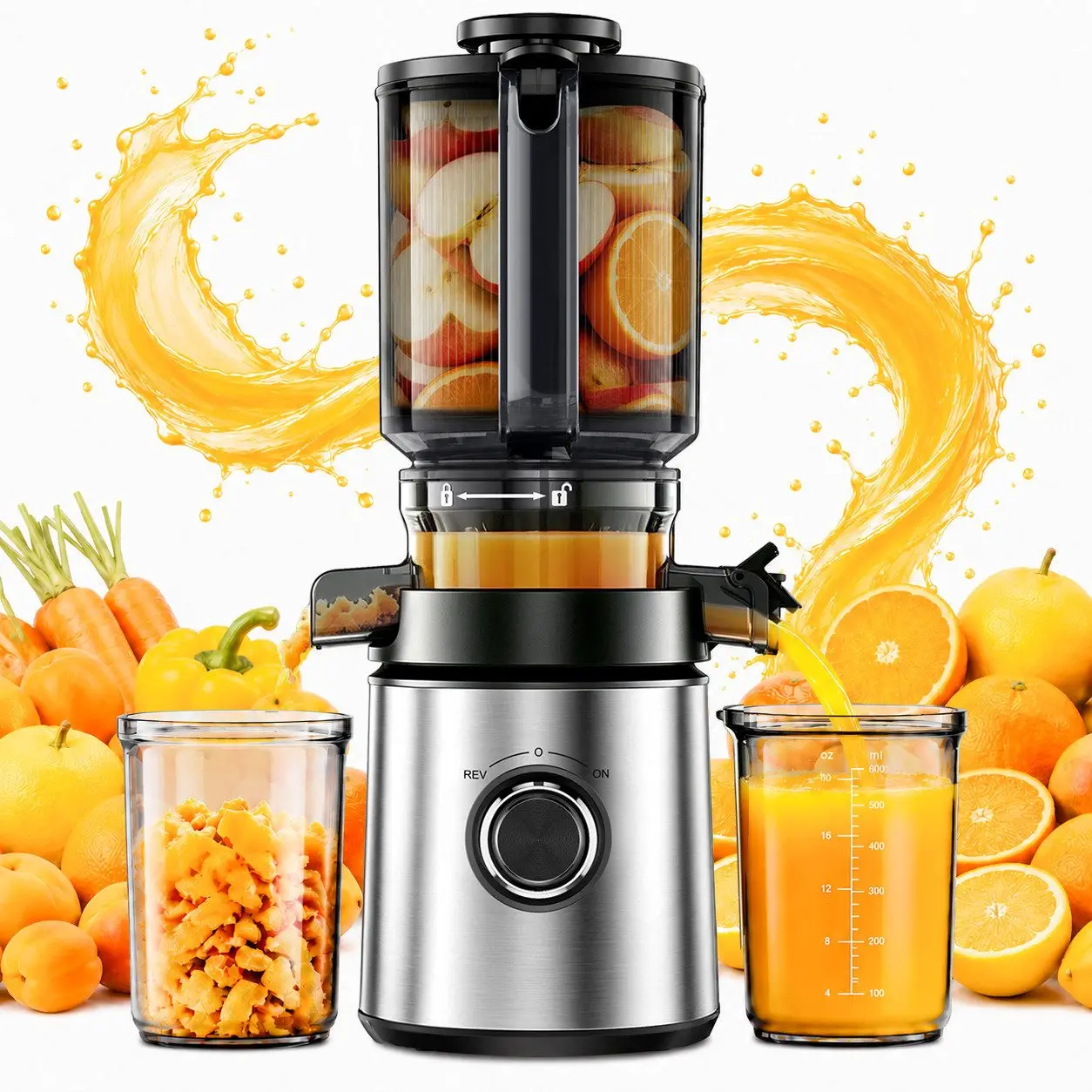 Slow Juicer Groente- en Fruitpers, 2L met 140mm XL invoeropening, 400W, Elektrische Sapcentrifuge voor Gezinnen met 2 Potten