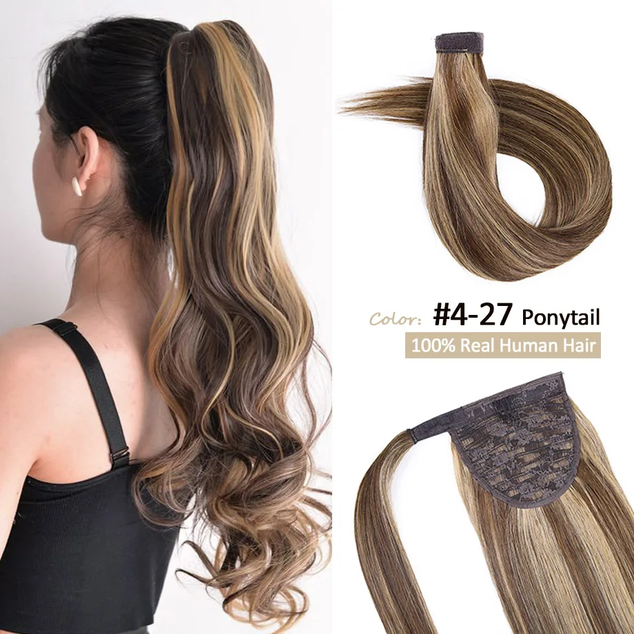 Ponytail Extension Human Hair Magic Paste Invisible Ponytail Hair Extensions 14-22Inch #4/27 Dark Brown Highlight Caramel Blonde