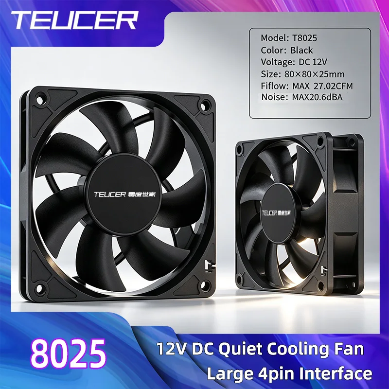 TEUCER 80mm Case Fan, 12V DC Quiet Cooling Fan, 2000RPM Hydraulic Bearing Computer Fan, High Airflow PC Fan for Desktop