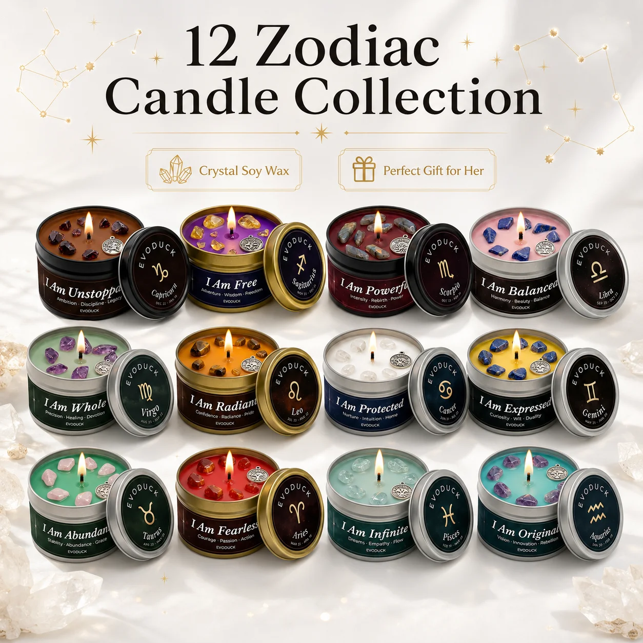 12 Zodiac Candles Set Astrology Scented Soy Candles with Healing Crystal Gemstones 3oz Tin Affirmation Meditation Gift for Women