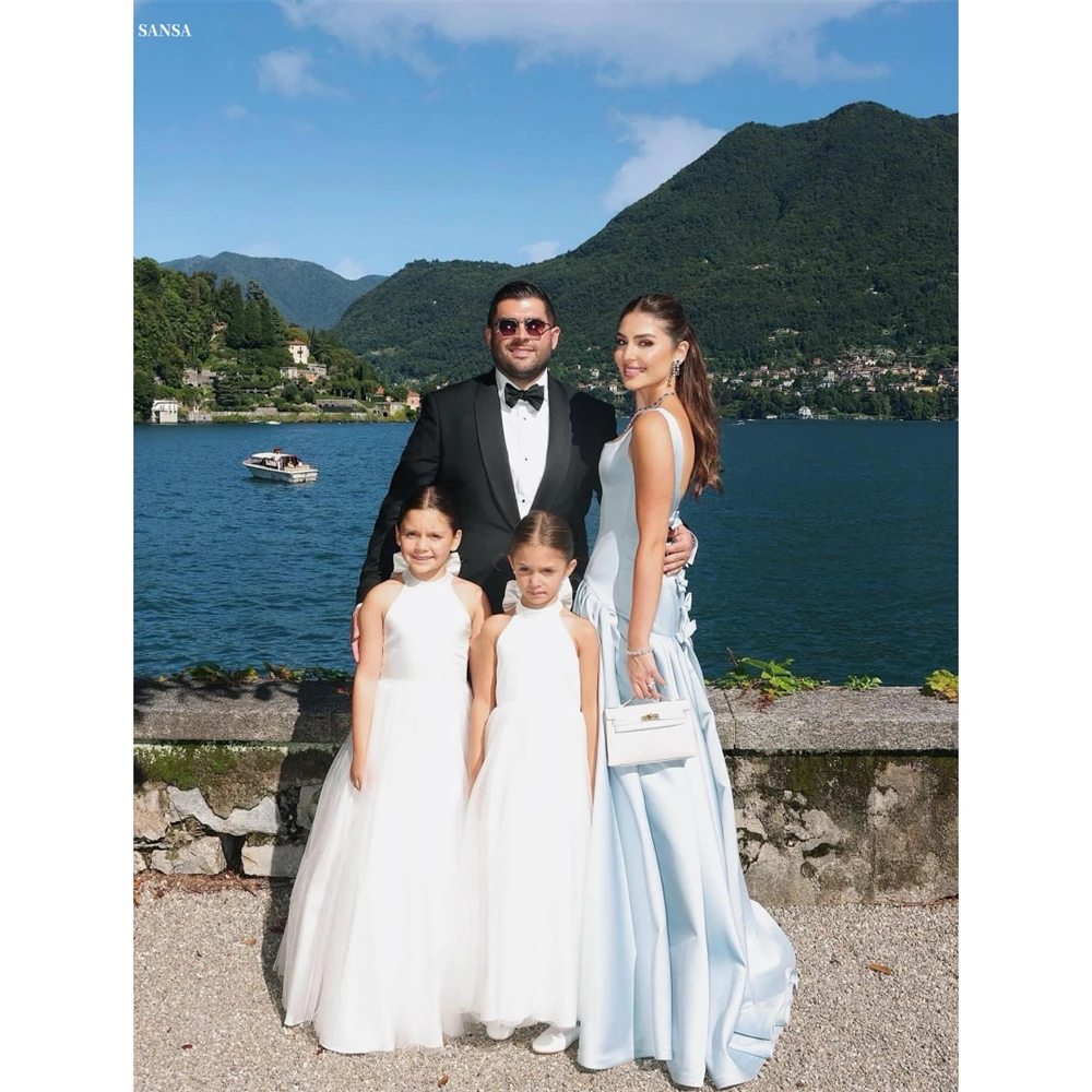 

Sansa Customized Baby Blue A-Line Bows Multilayer Pleats Prom Dress Square Collar Vestidos De Noche Floor-Length Formal Evening