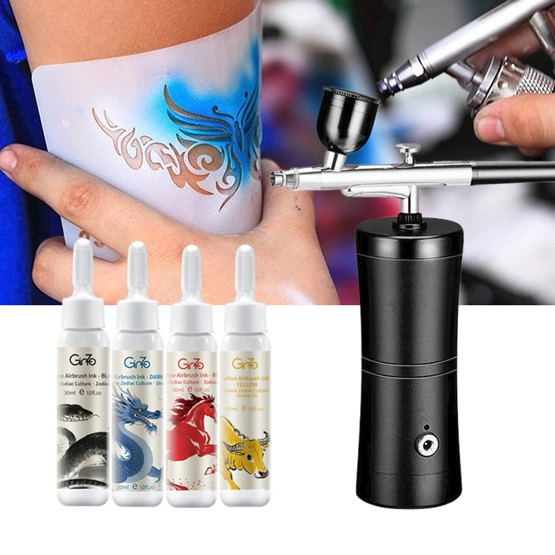 

Airbrush Tattoo Mahcine Set for Begginer 11 Colors Body Art Painting Kit Long Lasting Temporary Tattoo Ink Safty for Kids