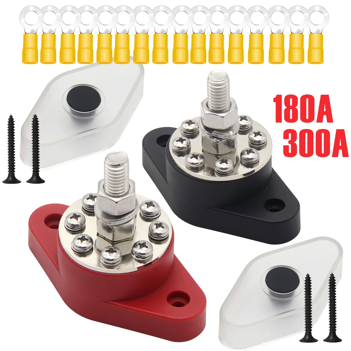 

Pair 180Amp 300Amp DC 48V 3/8"(M10) Stud 8X Terminal Power Distribution Block Black Red for Car RV Truck Trailer