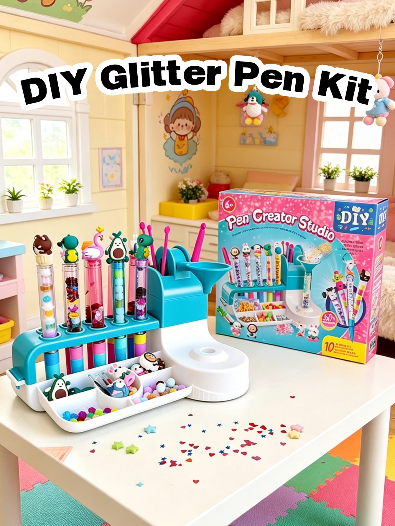 DIY Glitter Pen Kit, Children Pen Creator Studio Toy, Handmade Liquid Floating Sequin Pens Making Set with Cute Cartoon Tops, Ar