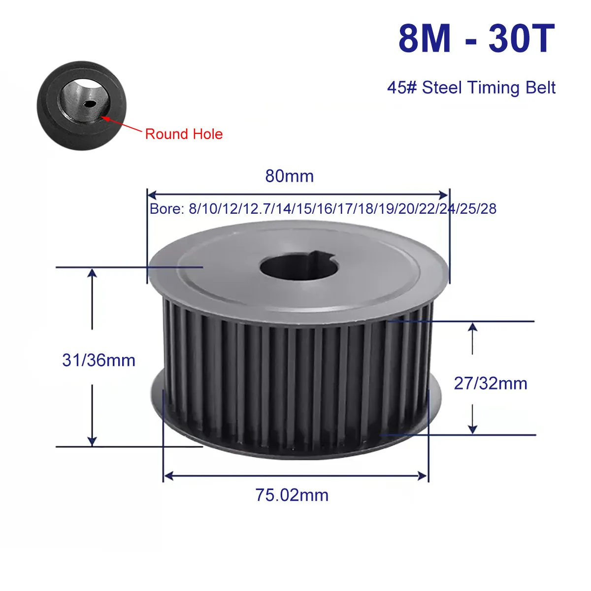 

HTD8M 30 Teeth Keyway Synchronous Pulley 45 Steel Slot Width 27/32mm Industrial Transmission Pulley AF 8M-30T Timing Belt Pulley