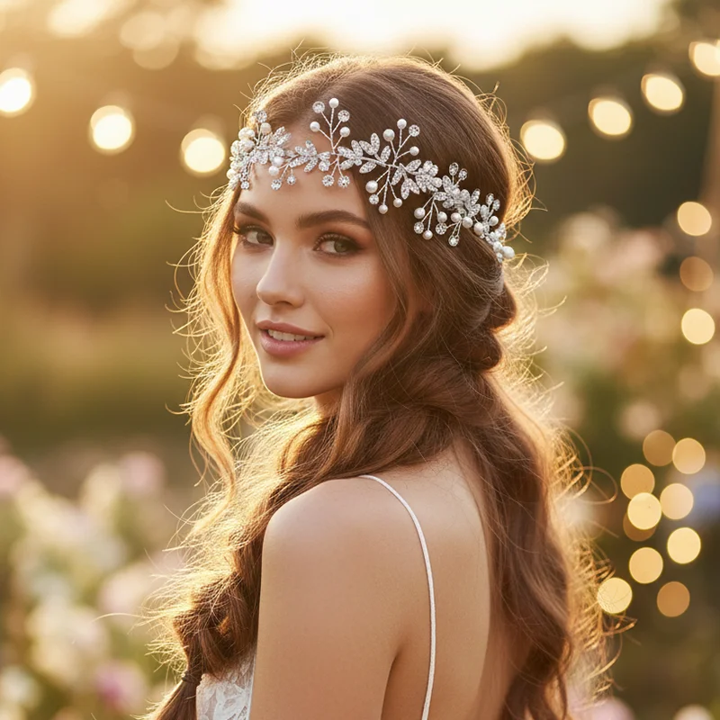 

Золотая проволочная заколка для волос ручной работы, очень длинная, с цветами и жемчугом, регулируемая, с лентой, свадебное украшение для невесты