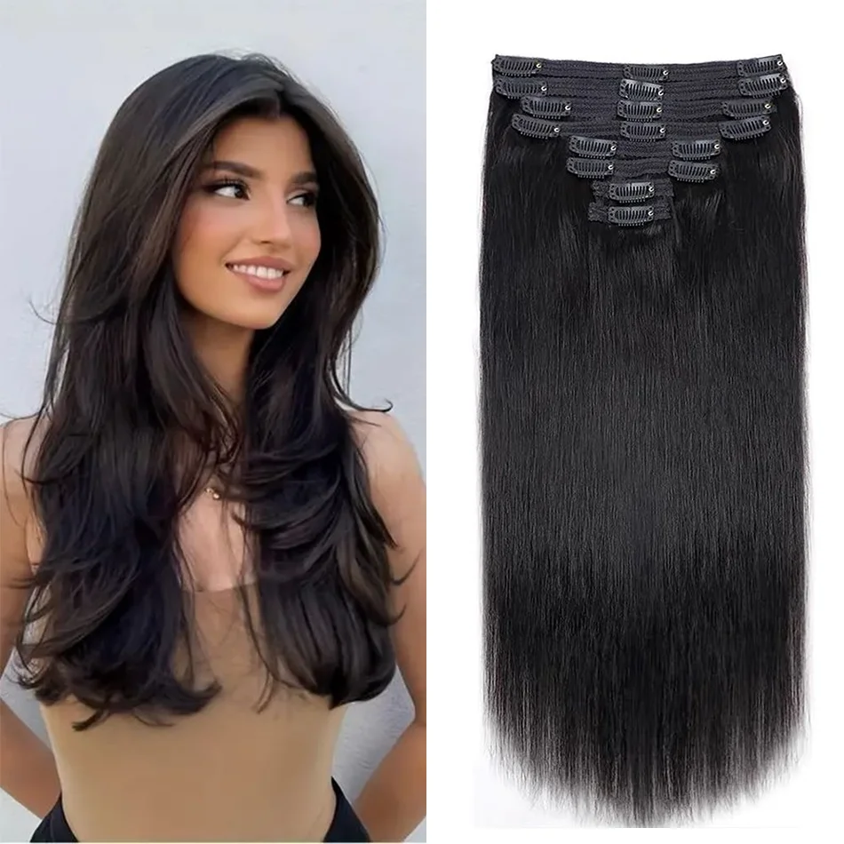 Clipe reto natural em extensões de cabelo, 100% cabelo humano real, 12-26 em, cor # 1B preto, 120g para salão de beleza, alta qualidade