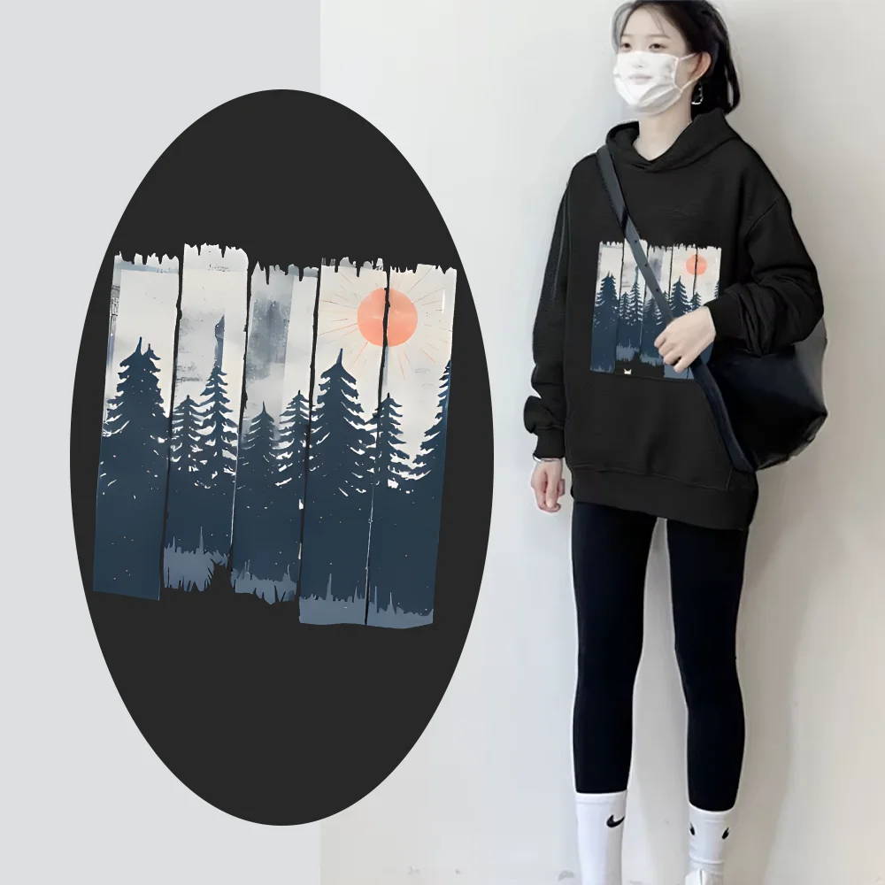 

Forest Sunset Hoodie Black Hoodie Nature Landscape Graphic Casual Loose Long Sleeved Scenic Outdoor Comfortable Top