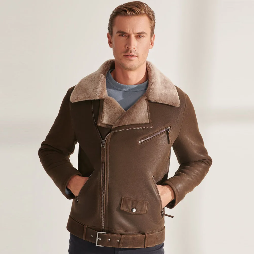 Denny&Dora Men Shearling Jacket Sheepskin Aviator Jacket Lambskin Coats Bronw Shearling Jacket