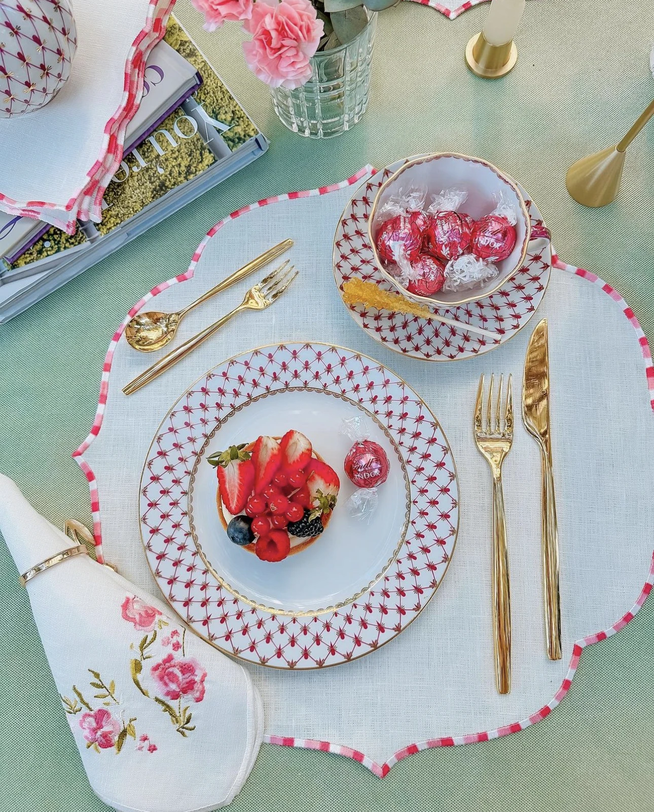 Charming Pink Floral Embroidered Linen placemat for table set of 6 - Exquisite Table Decor, Party Decor, Home Gift, Garden