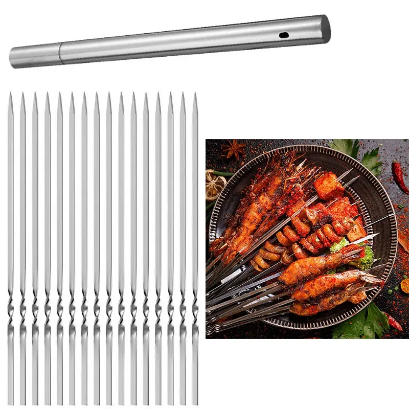 Szaszłyki do grilla wielokrotnego użytku szaszłyki ze stali nierdzewnej Shish Kebab BBQ Camping płaskie widelce gadżety akcesoria kuchenne narzędzia — zdjęcie 2