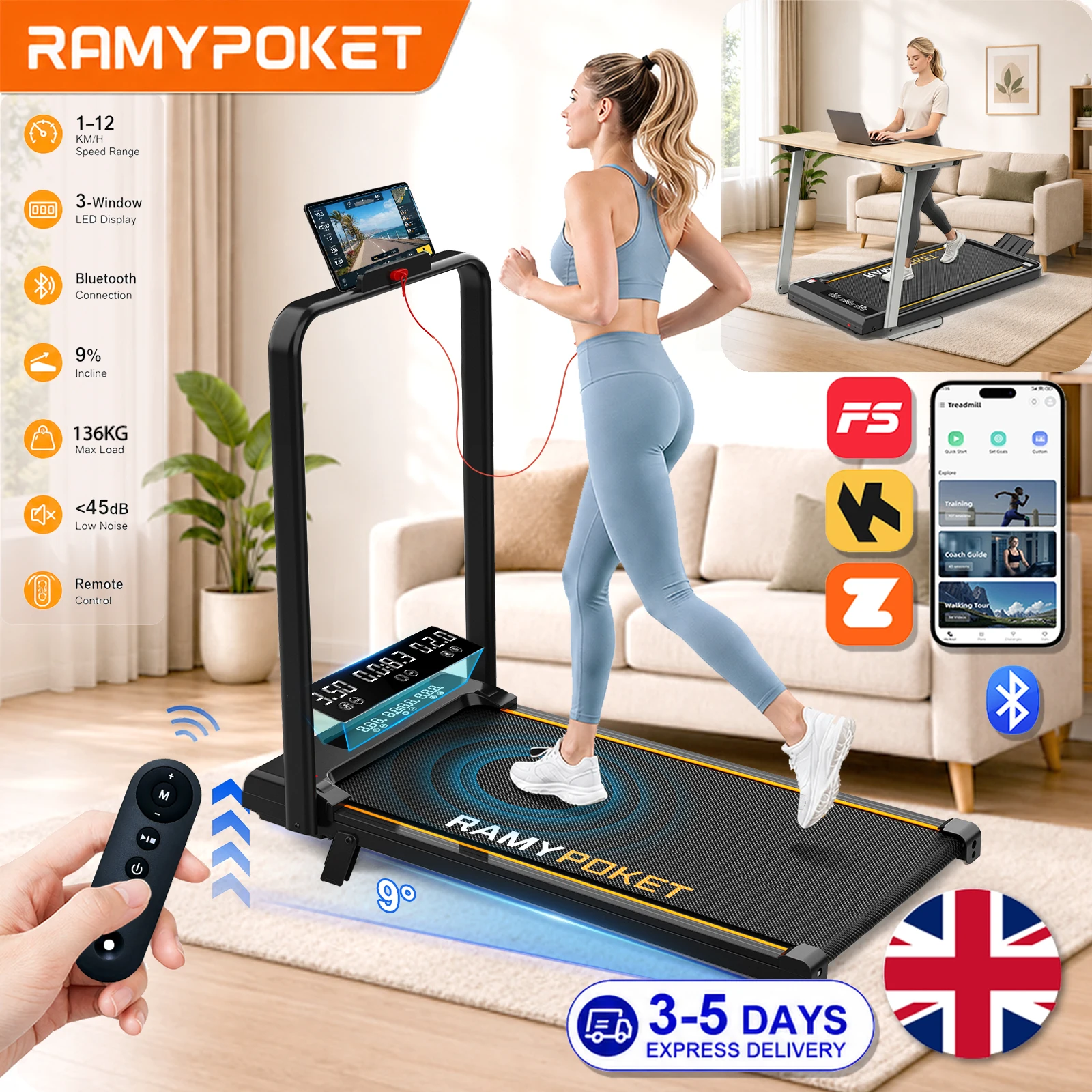 RAMYPOKET Treadmill For Home Use Foldable With Incline 12% App Control & Three Window LED Display 1-12km/h 150kg Compact Walking Pad