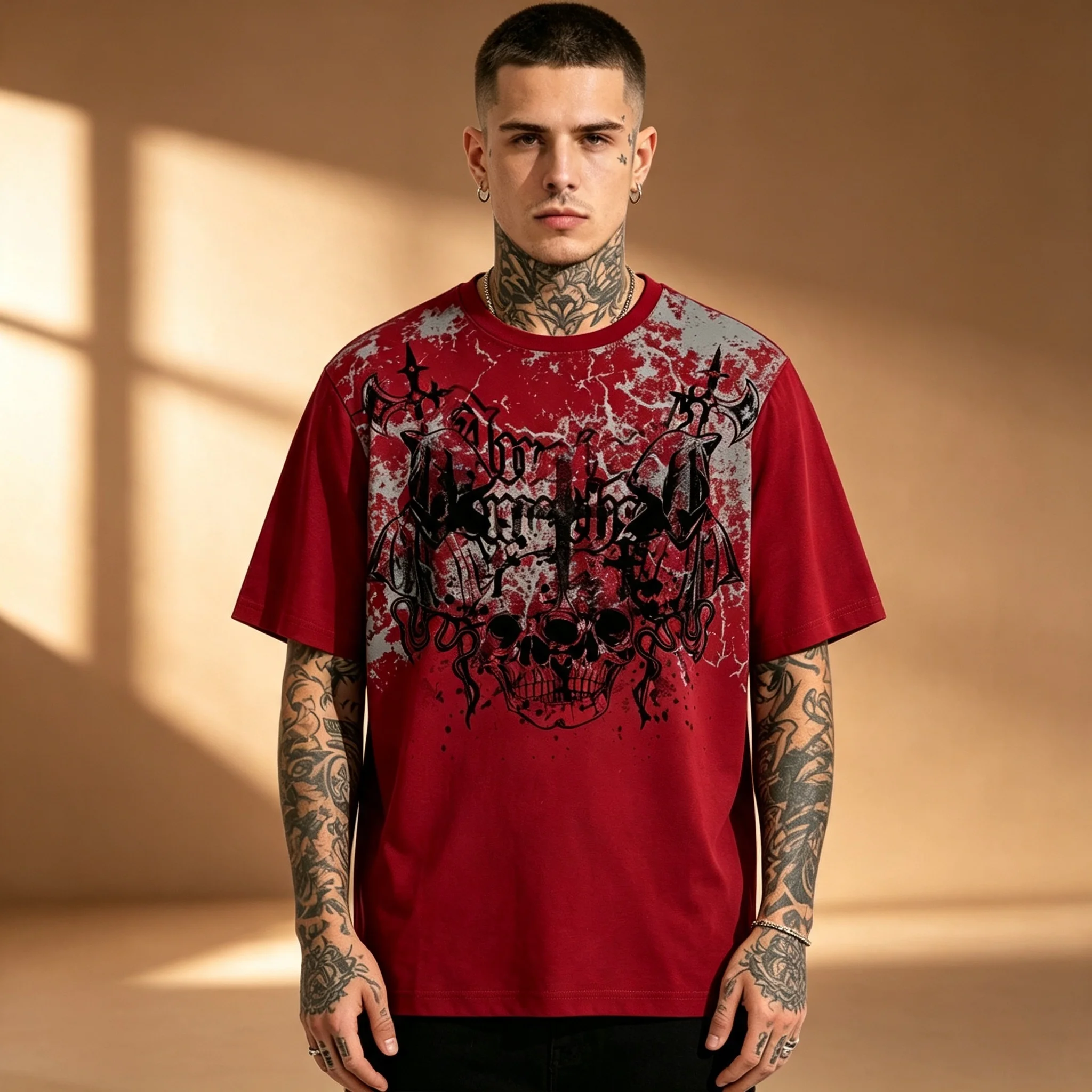 Men Wine Red  T Shirt Gothic Skull Dark Metal Spike Letter Graphic Short Sleeve Tee Punk Streetwear Crewneck Casual Summer Tops