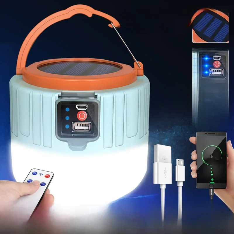 Lampe de camping solaire à LED, étanche, aste par USB, lanternes portables, éclairage d'urgence, lampe de tente extérieure, barbecue, randonnée, 1000W