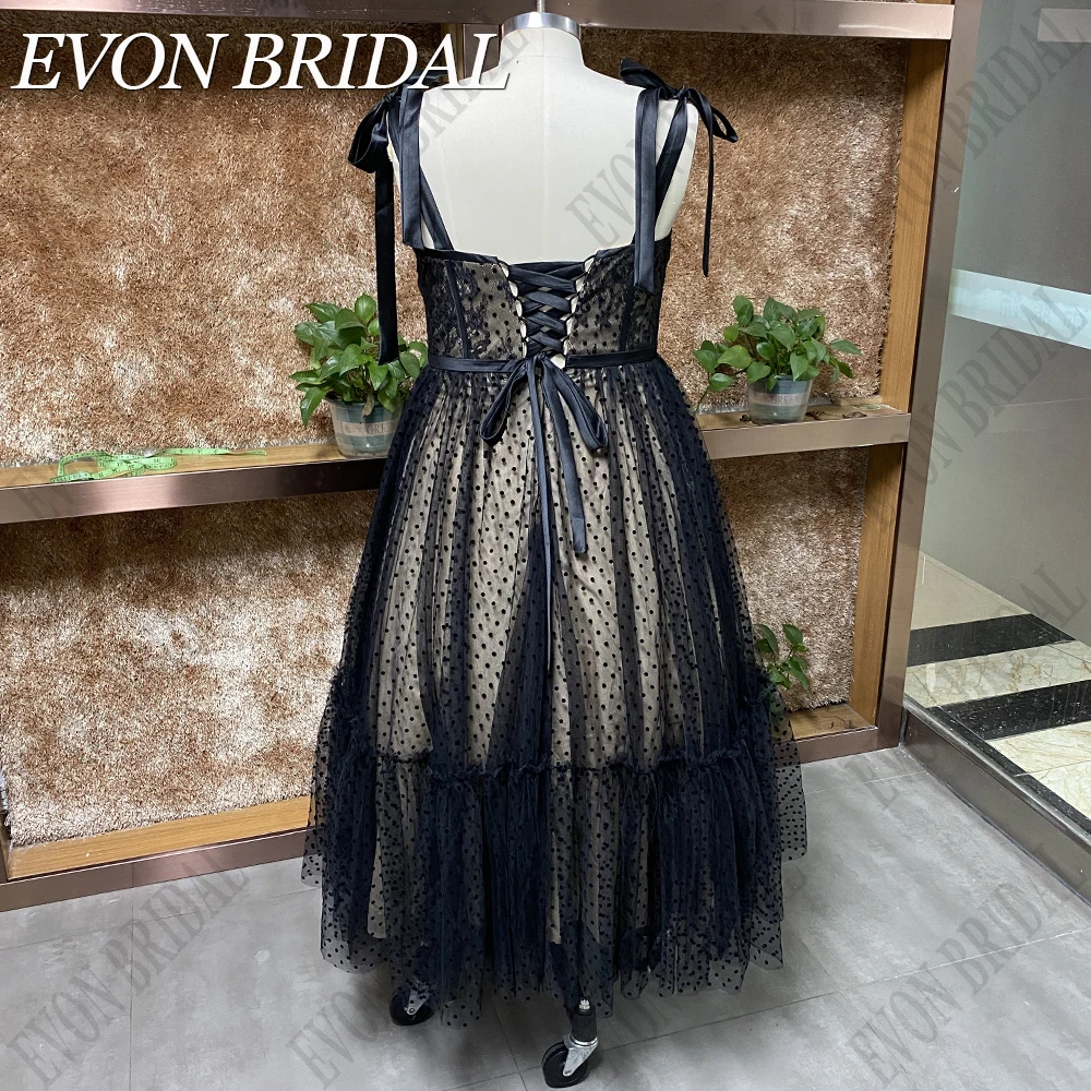 EVON BRIDAL Nero Polka Dots Prom Gowns A Line Tea Lunghezza Bow Straps Abiti da Sera 2024 Lace Up Backless vestidos de fiesta Sweetheart Cocktail Ball per le donne Eleganti foto reali Custom Made