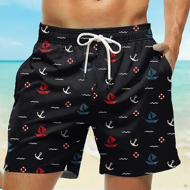 Męskie spodenki plażowe Szorty kąpielowe Kąpielówki Sznurek Elastyczny Szybkoschnący Krótki Plaża Hawajski Casual Czarny Biały Mikroelastyczny — zdjęcie 2