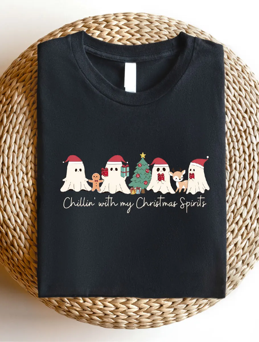 

Chilling With My Christmas Spirits Shirt, Christmas Ghosts T-Shirt, Happy Christmas Short Sleeve Tee, Holiday Season Gift