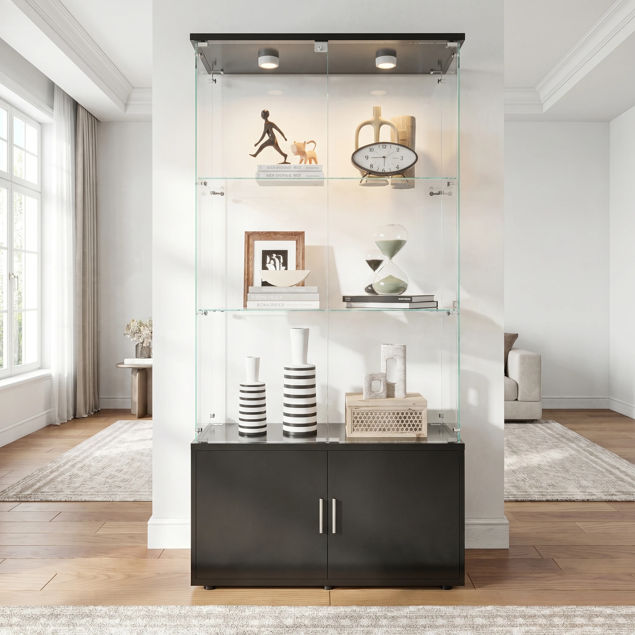 Vitrine en verre Superaly, 3 niveaux, étagères en verre, vitrine à double porte avec base de rangement, vitrine de collection sur pied anti-poussière pour figurines, jouets, trophées, décorations, noir