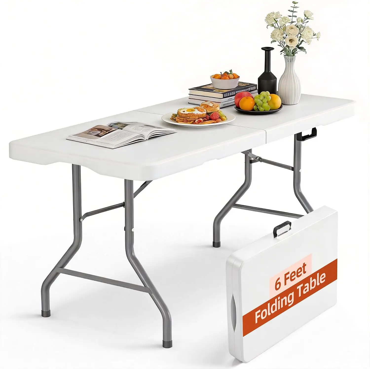 6/5/4 FT Folding Table,  Steel Frame with Lock,Portable Fold-in-Half Plastic Utility Table With Carrying Handle,For Picnic, Party, Camping,Dining,Wedding,Indoor,Outdoor
