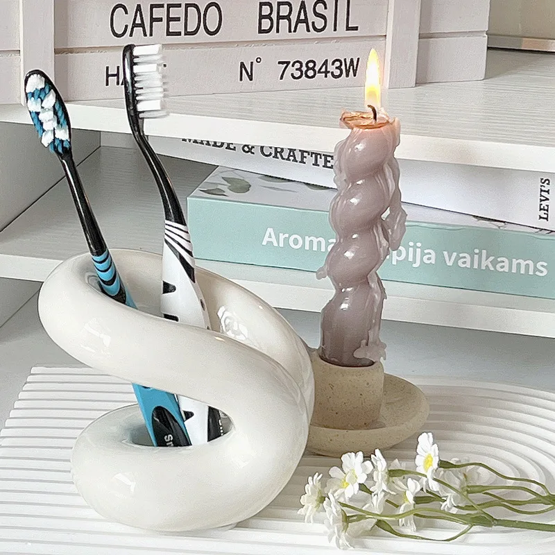 Luxury Ceramic Makeup Brush Holder Creative Rope Knot Ceramic Tooth Brush Holder Nordic Bathroom Accessories Storage