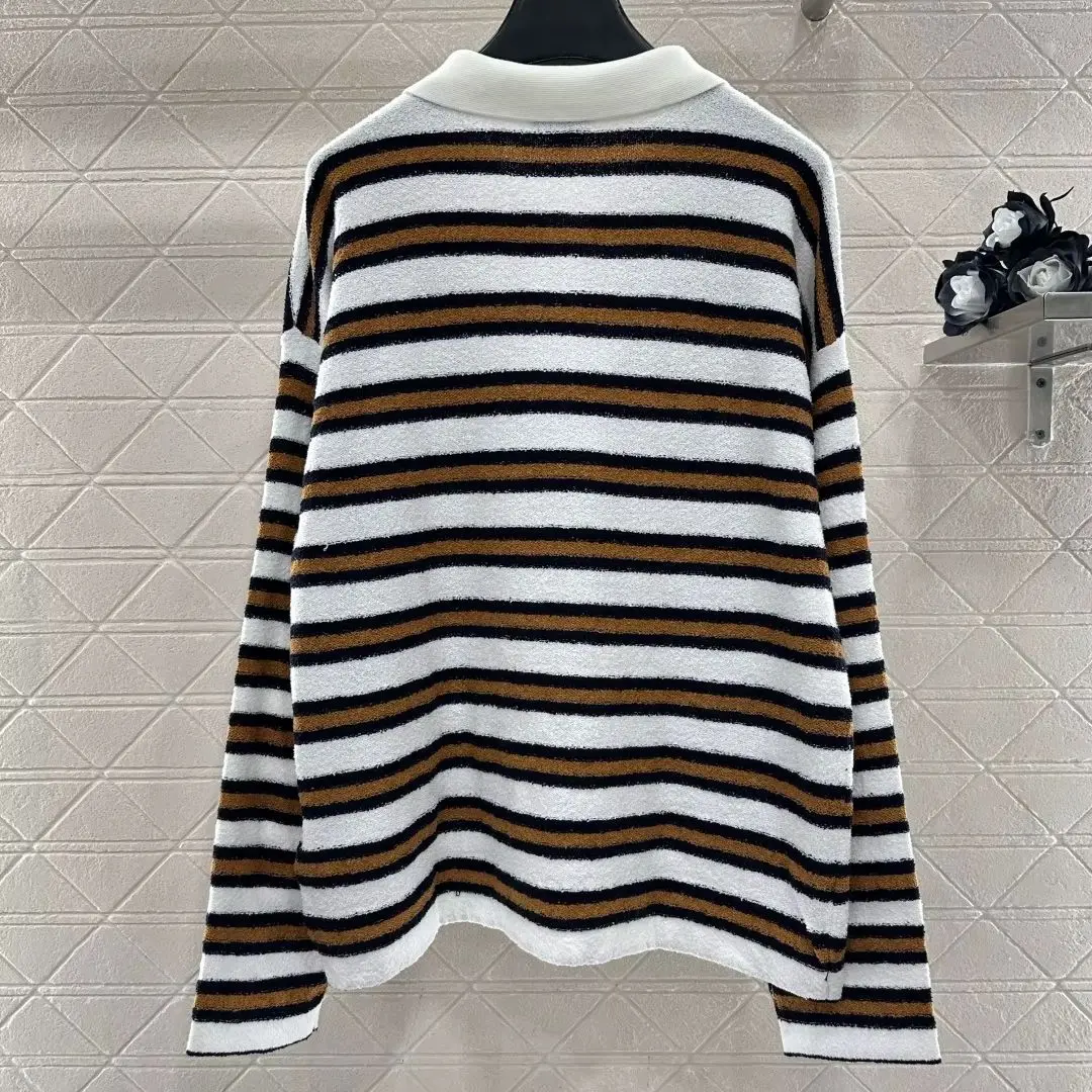 

2025 Autumn And Winter Women's Clothing Knitted Striped Polo Long Sleeves Soft Waxy Comfortable Skin-Friendly Lapel Half Placket