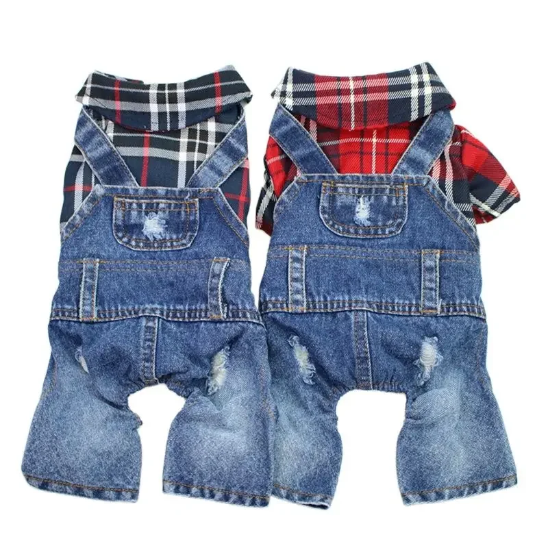 Combinaison à carreaux en Denim pour chien et chat, veste en Jean pour chiot, vêtements de printemps/automne, 4 couleurs
