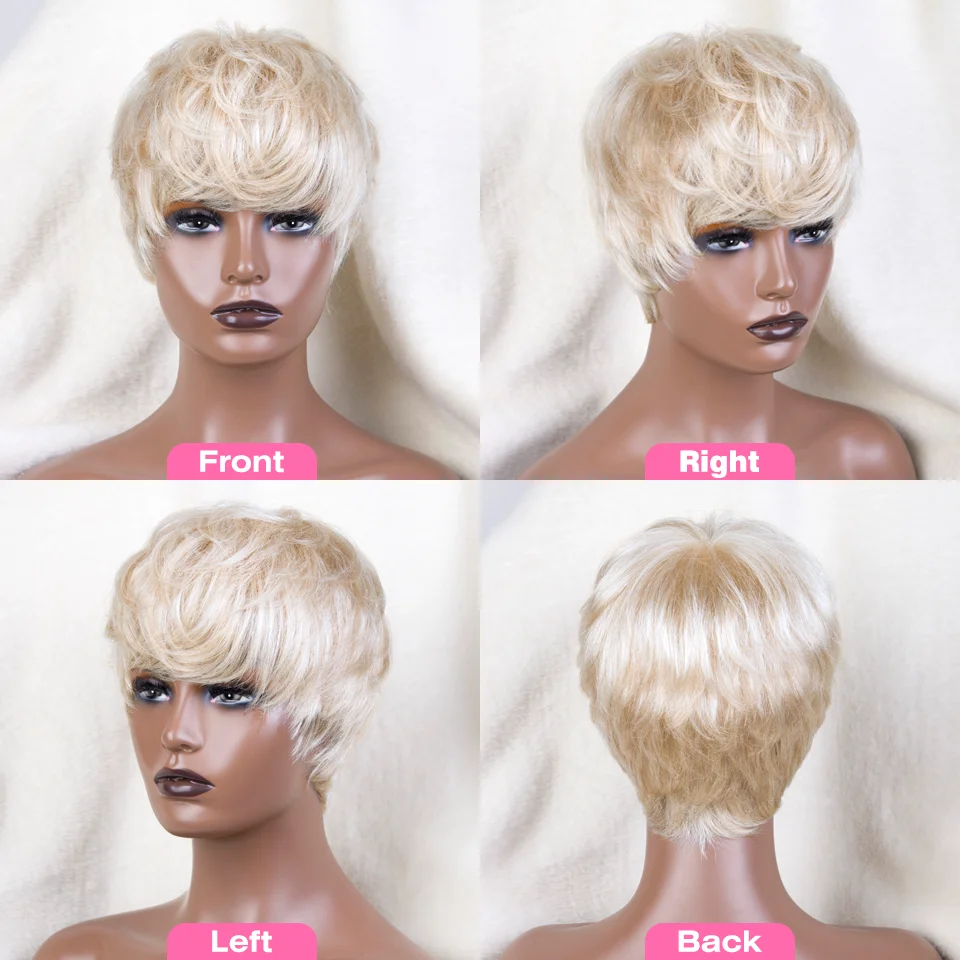 wholesale 613 Honey Blond Color Wig Short Bob Pixie Cut Top Lace Transparent Brazilian Human Hair Wig With Bangs For Black Women