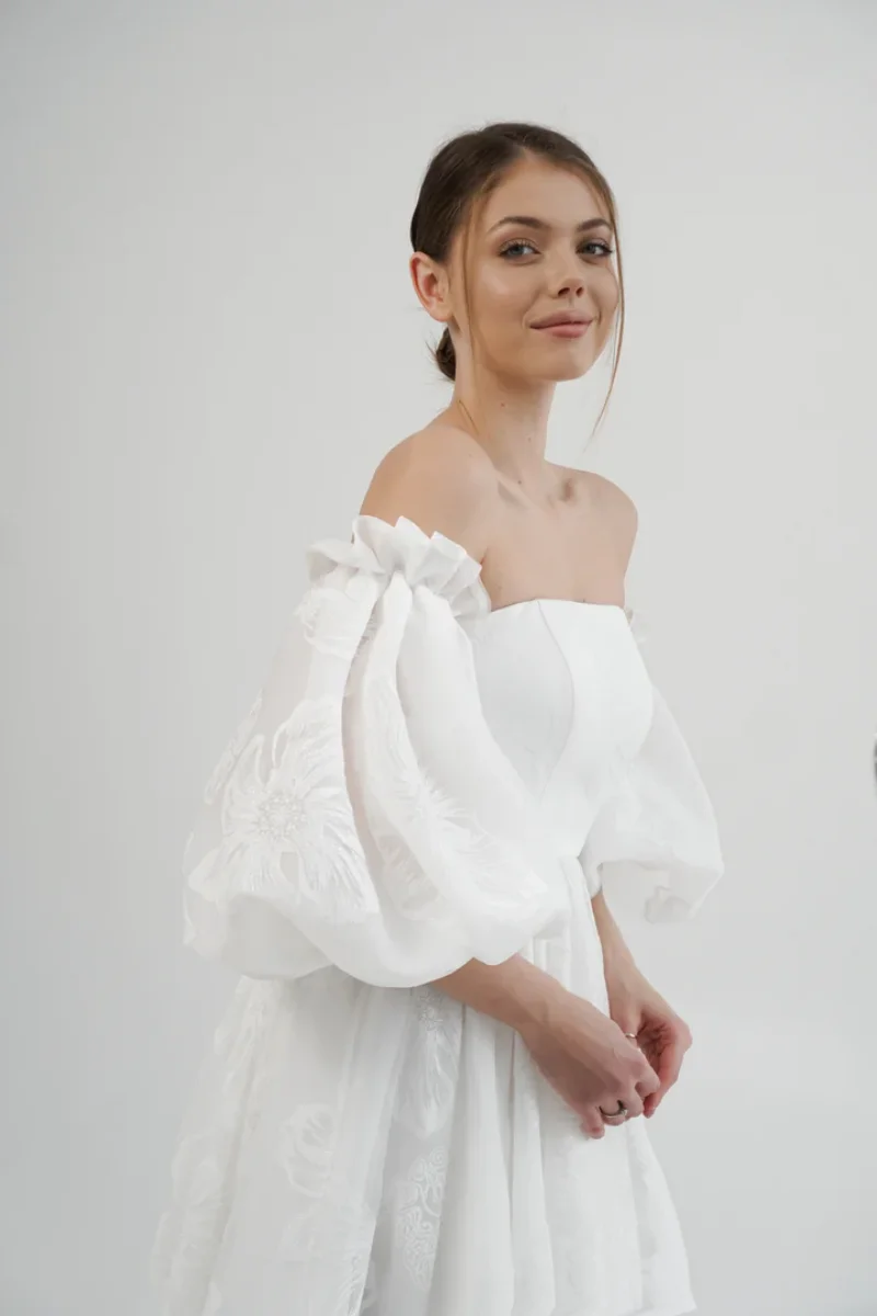 Annie Princessพัฟแขนชุดราตรีลูกไม้TulleชุดราตรีสีขาวOff-The-Shoulder Corset Party Dresses FBساتة