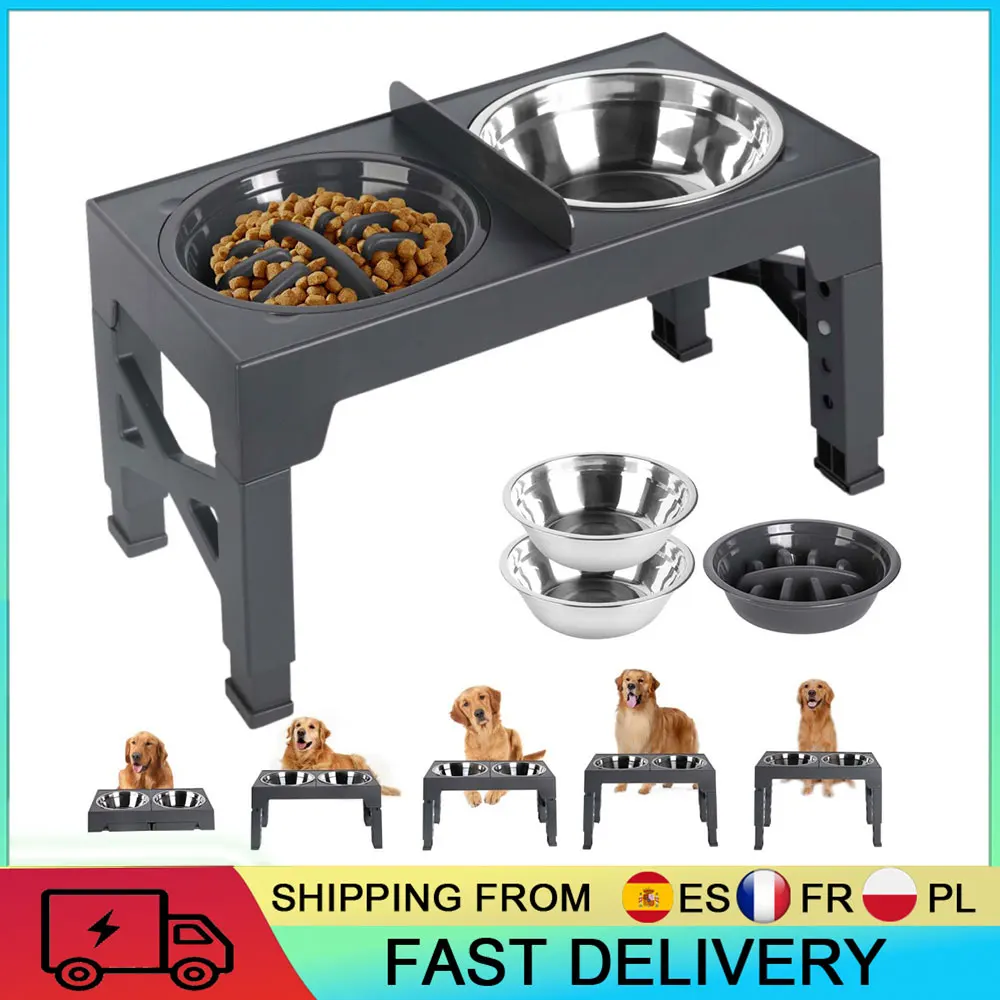 Support surélevé pliable pour gamelles de chien, réglable en hauteur sur 5 niveaux, avec gamelles, support alimentaire pliable pour chiens de petite, moyenne et grande taille