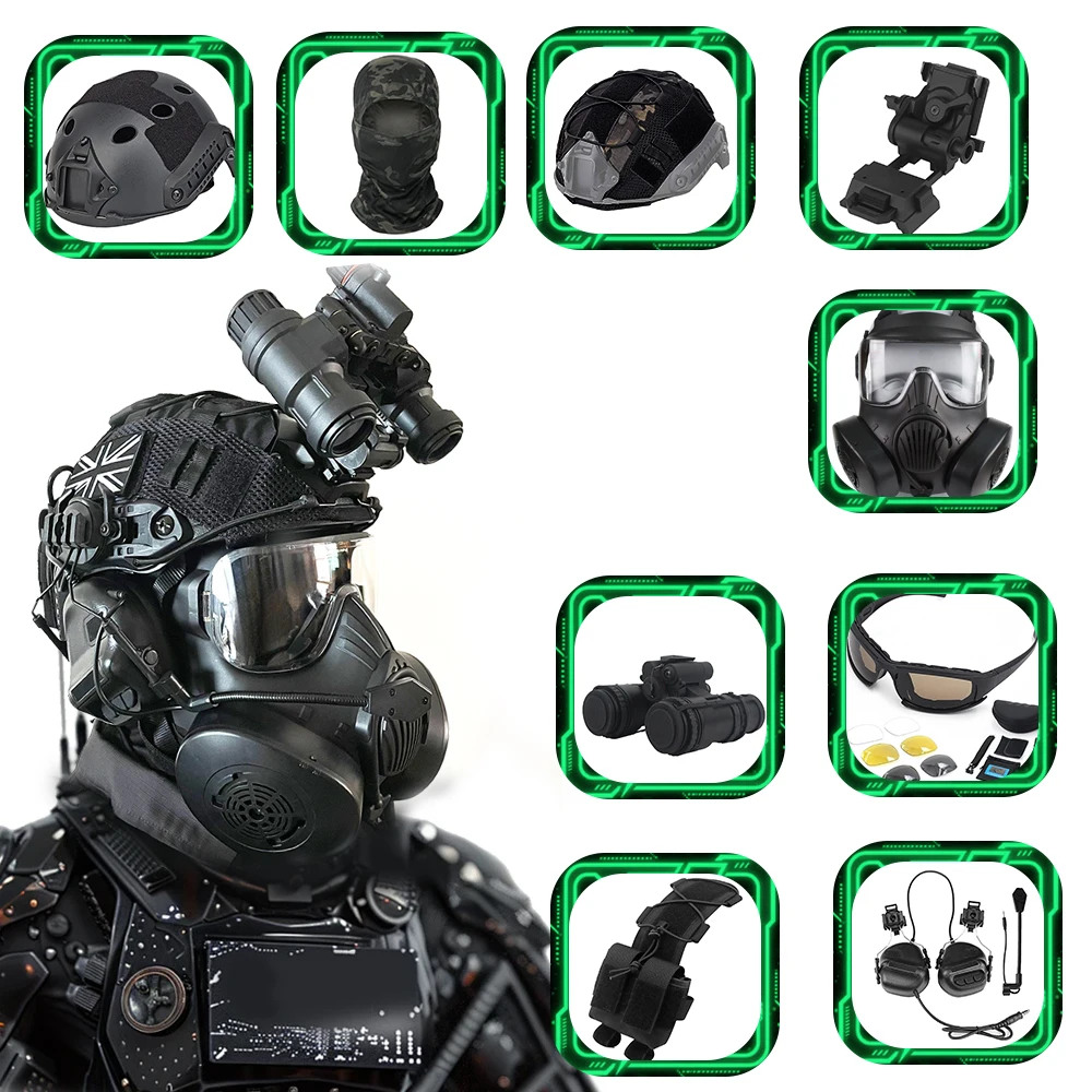 

Complete Set of Fast Tactical Helmet with Headset, Gas Mask, Face Mask, Cos Play Props, Special Forces Costume Wargame Equipment