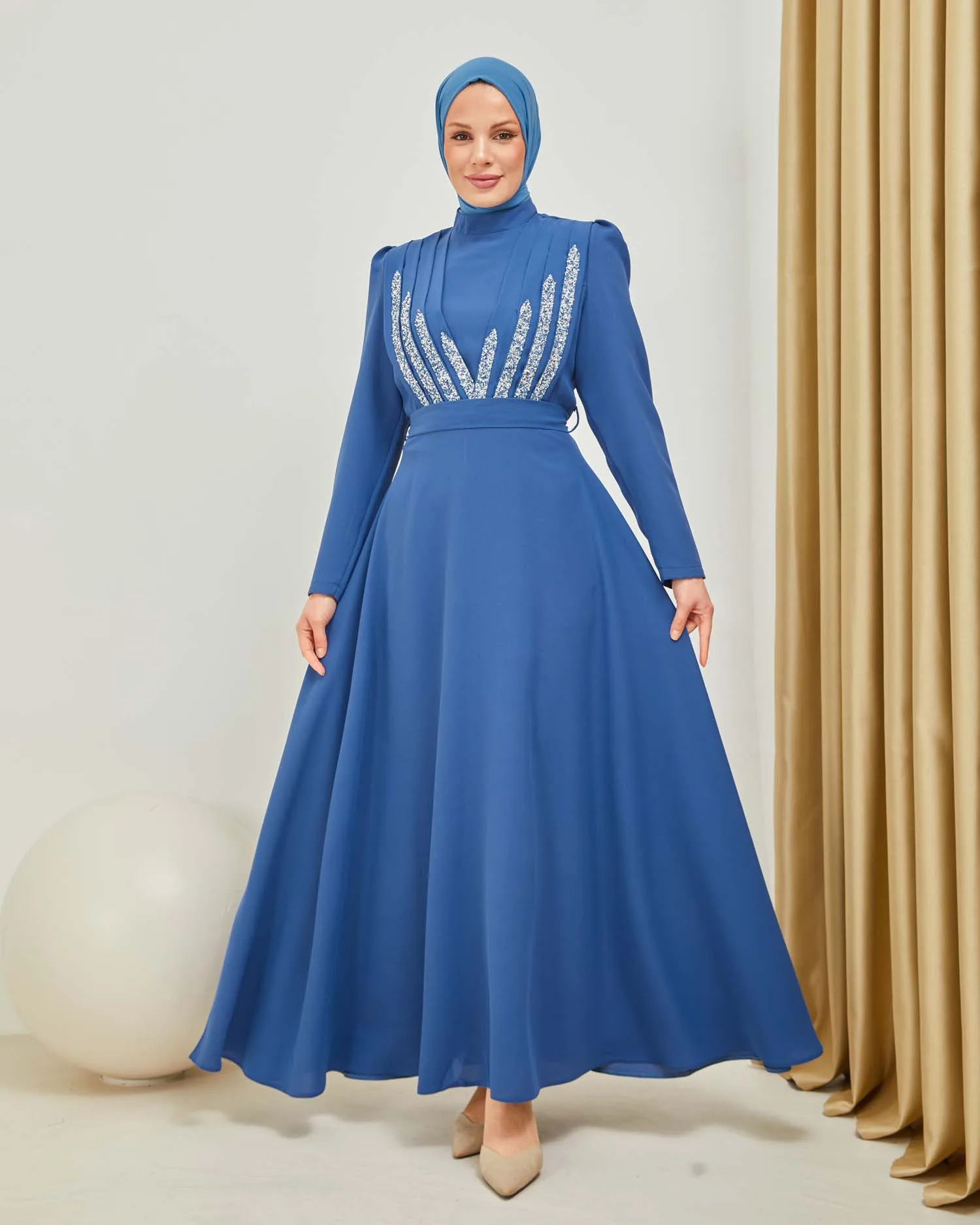 Muslim Fashion Islamic Clothing Evening Dress Women O-neck Long Sleeve Embroidery Print