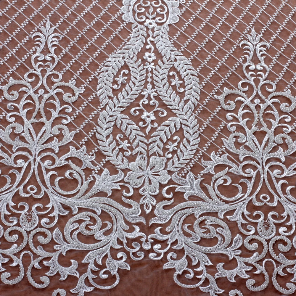 

HelluyerDc off white heavy beaded embroidery lace fabric for clothing,large patterns,fashion design,great for prom dress