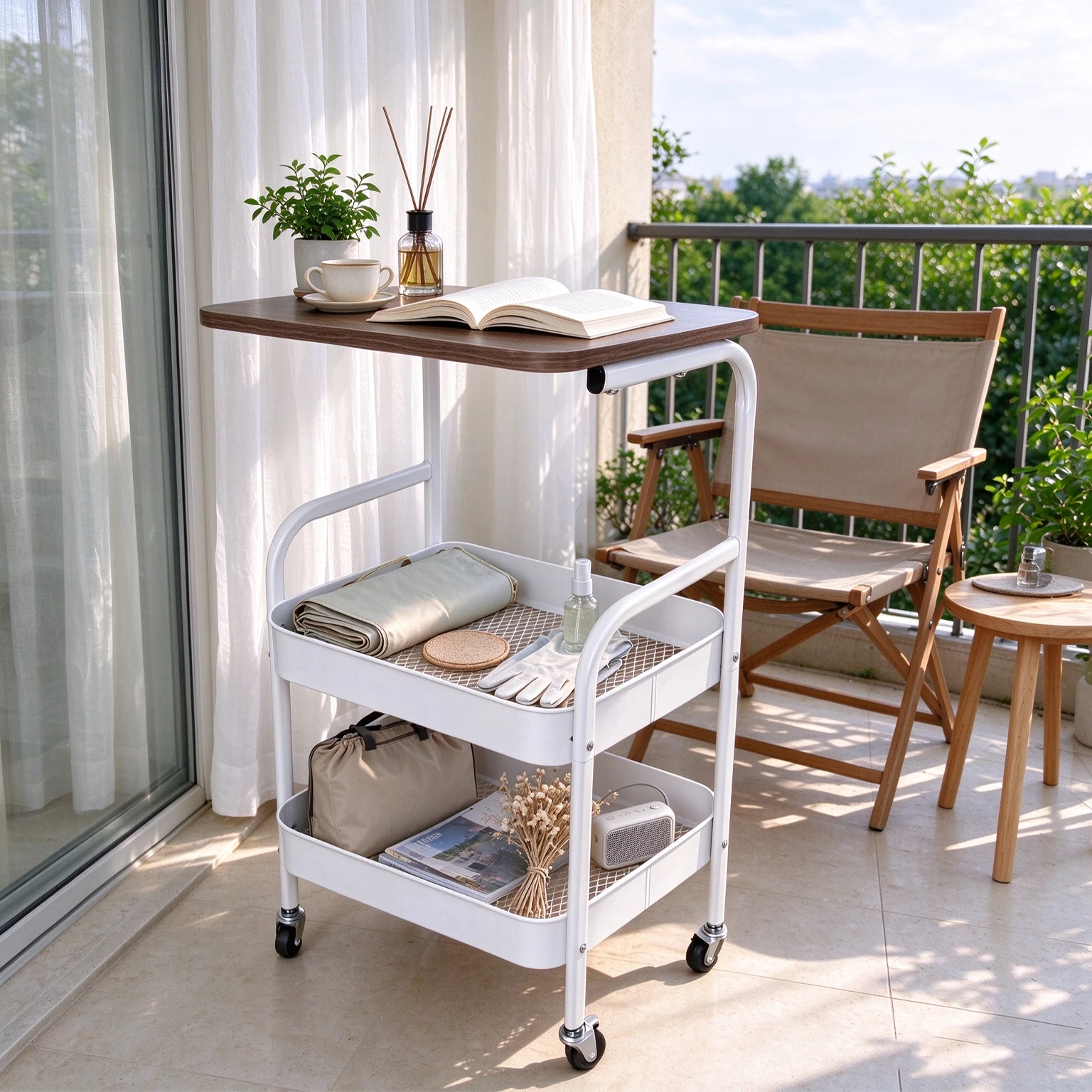 Rolling Kitchen Cart with Wooden Tabletop, 3 Tier Mobile Storage Trolley with Locking Casters, Multi-use Movable Prep Side Table, Metal Organizer Cart for Kitchen Vegetables, Seasonings and Cookware S image 8