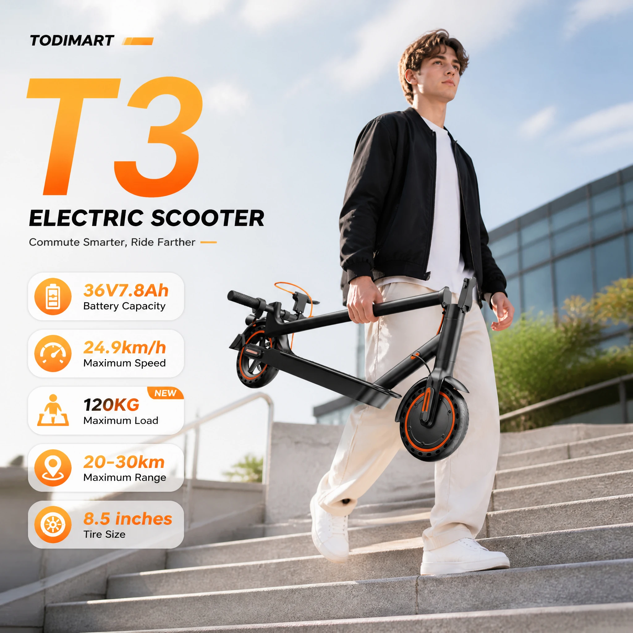 Patinete eléctrico TODIMART T3 para adultos, con una autonomía de 25 a 30 km, una velocidad máxima de 24,99 km/h, control mediante