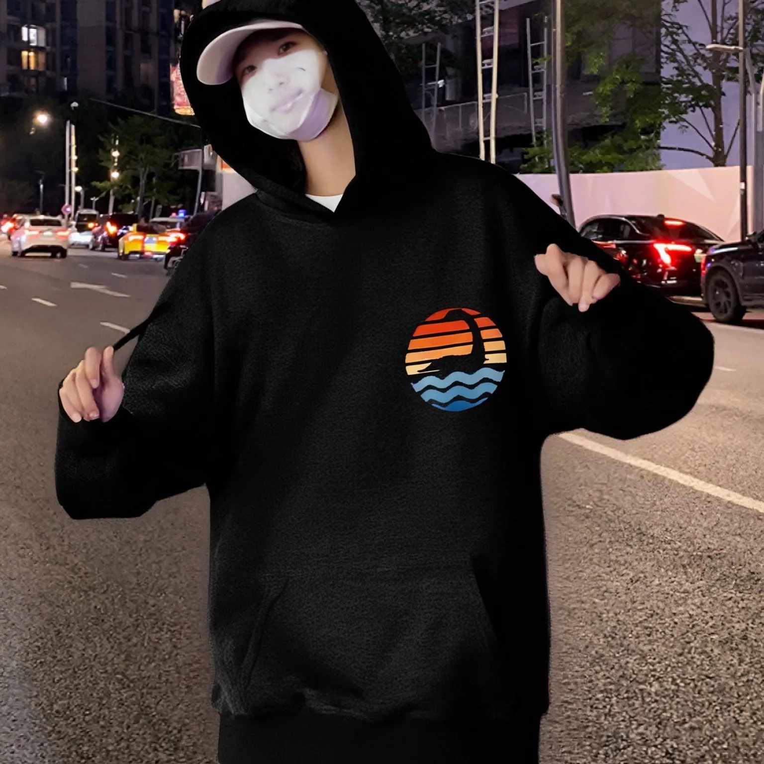 

Swan Sunset Hoodie Warm Black Hoodie Scenic Retro Sunset Swan Graphic Casual Loose Long Sleeved Nature Loving Comfortable Top