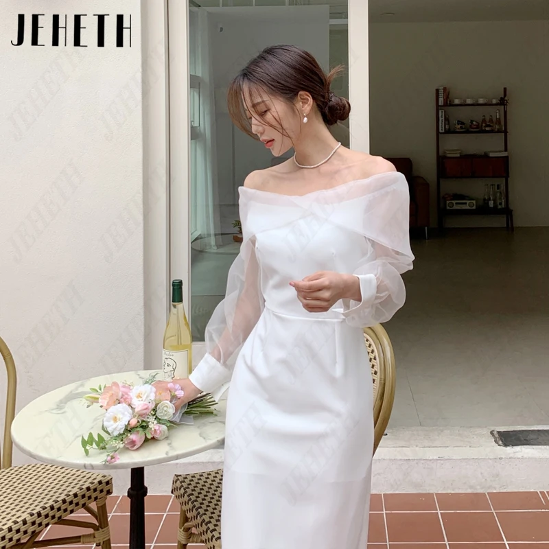 JEHETH Boat Neck Mermaid Korea Bridal Gown Women Puff Sleeve Backless Wedding Dresses Satin Vintage 웨딩드레스 Photography Tea-Length